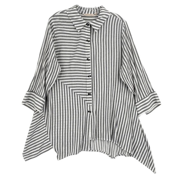 Soft Surroundings Tops - Soft Surroundings Womens Button Back Gray Striped Asymmetrical Tunic Top L